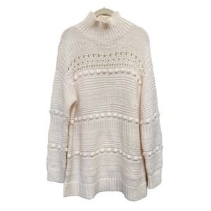 Lou & Grey Cream Large Knit Pom Pom Mock Turtleneck Long Sweater Size Small